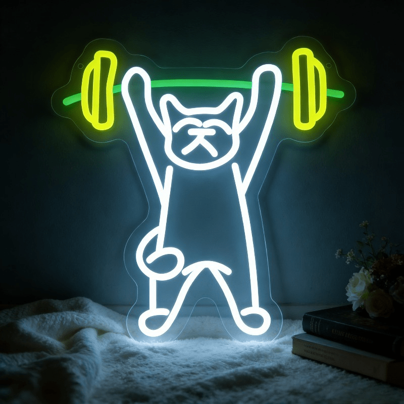 Home Gym Neon Sign - ป้ายไฟนีออนรูปแมวยกน้ำหนัก ไฟ LED สำหรับกลางคืน ใช้พลังงานจาก USB