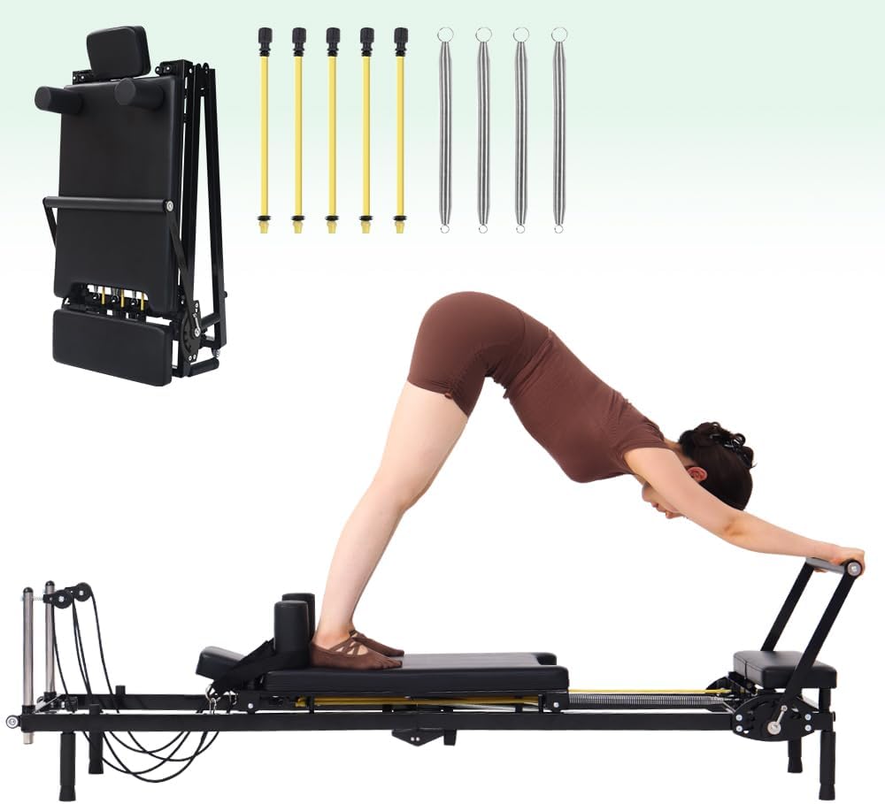 Home Gym Designs - เครื่องพิลาทิสแบบพับได้, ระบบต้านทาน 2-in-1 ด้วยสปริงและเชือก, อุปกรณ์พิลาทิสสำหรับใช้ในบ้านและยิม, ออกแบบมาสำหรับผู้เริ่มต้นและผู้เชี่ยวชาญ,